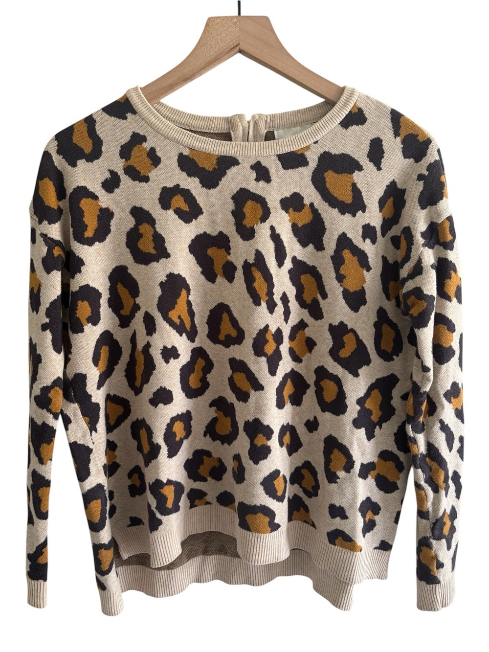 H&M Leopard Print Cotton Knit Sweater Small Beige Animal Print High Low Hem